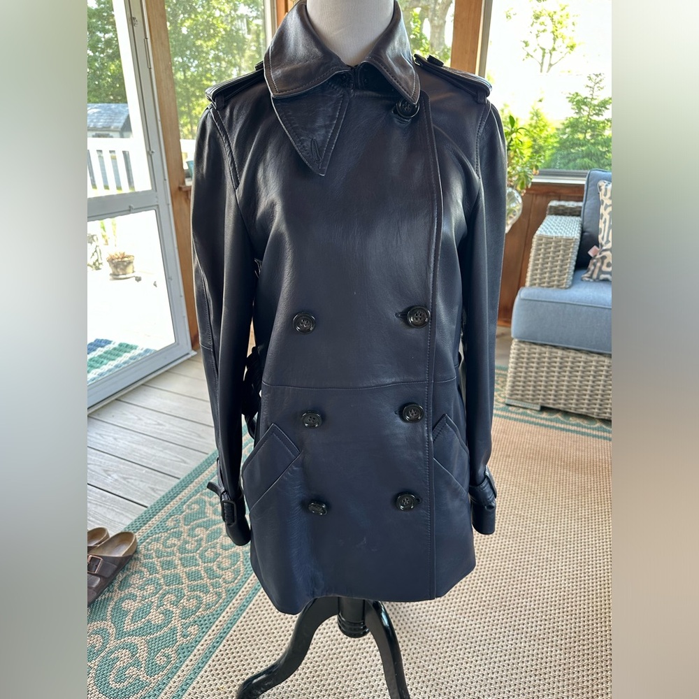 Coach navy blue leather coat